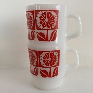 Vintage Anchor Hocking Fire King Stackable Red Flowered Glass Coffee Mugs